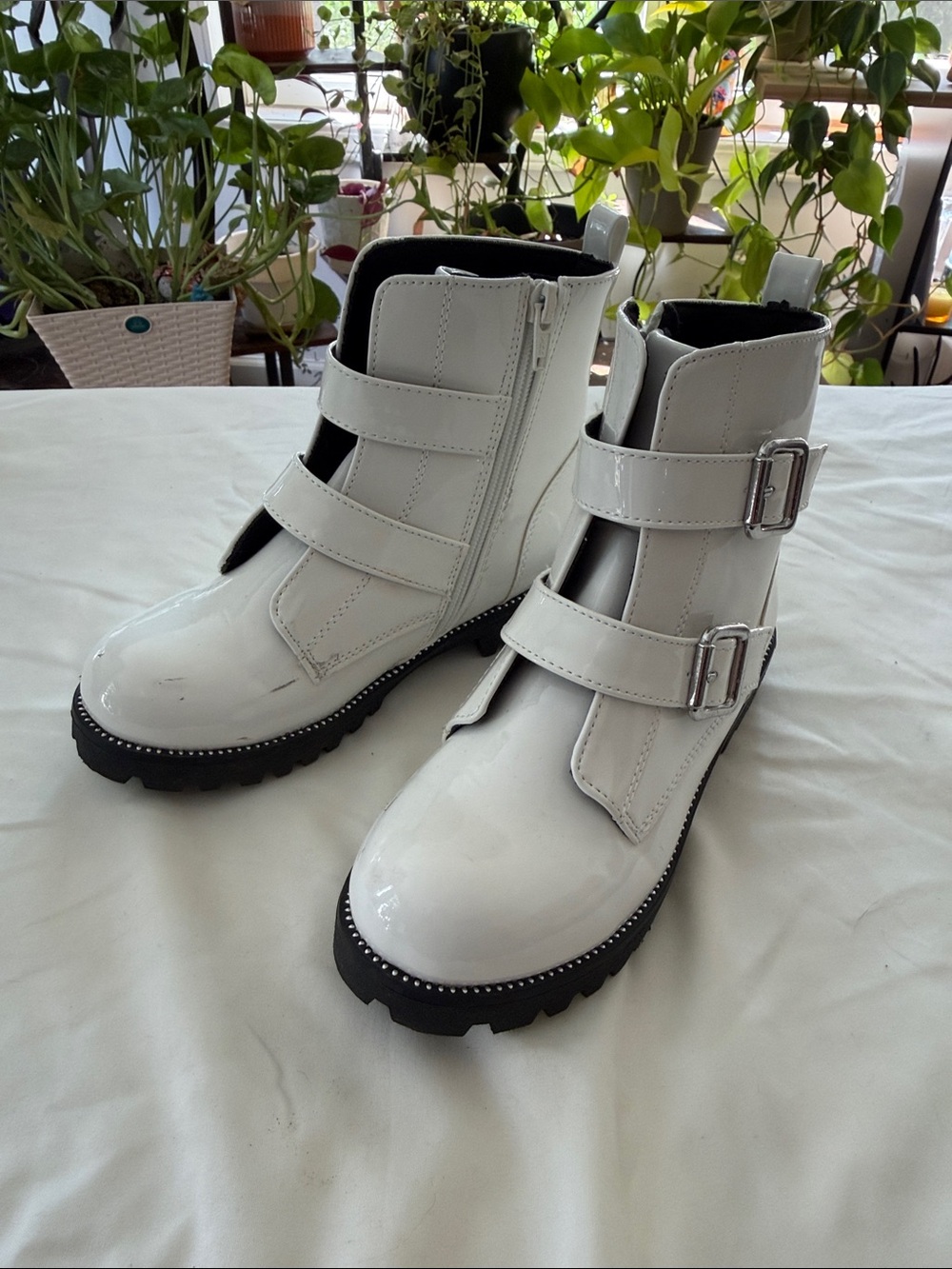 Sonoma White Patent Double-Buckle Kids Combat Boots